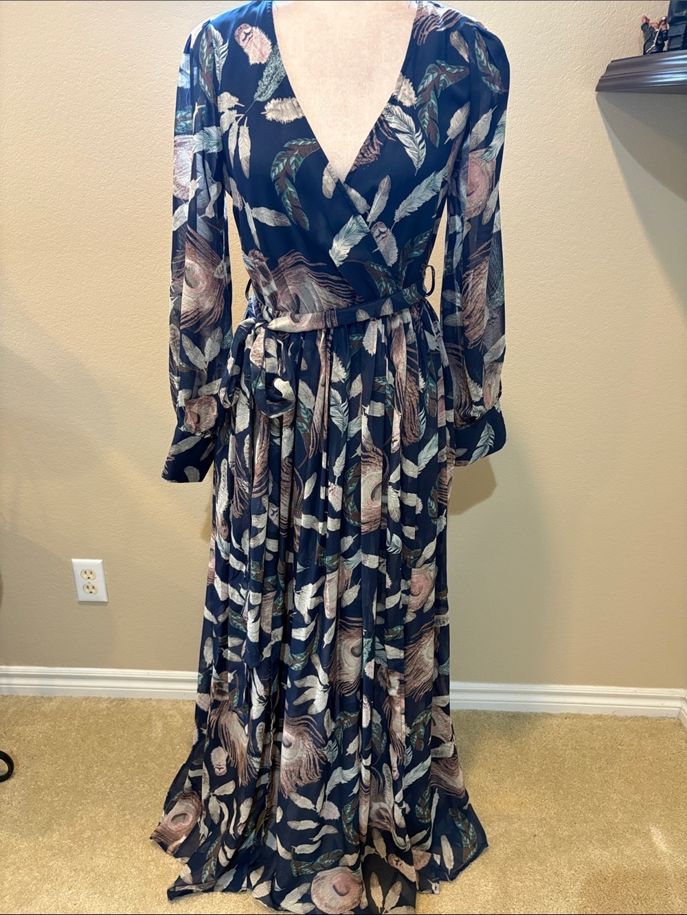 Fashion Nova Floral Feather Print Double Side Slits Maxi Dress